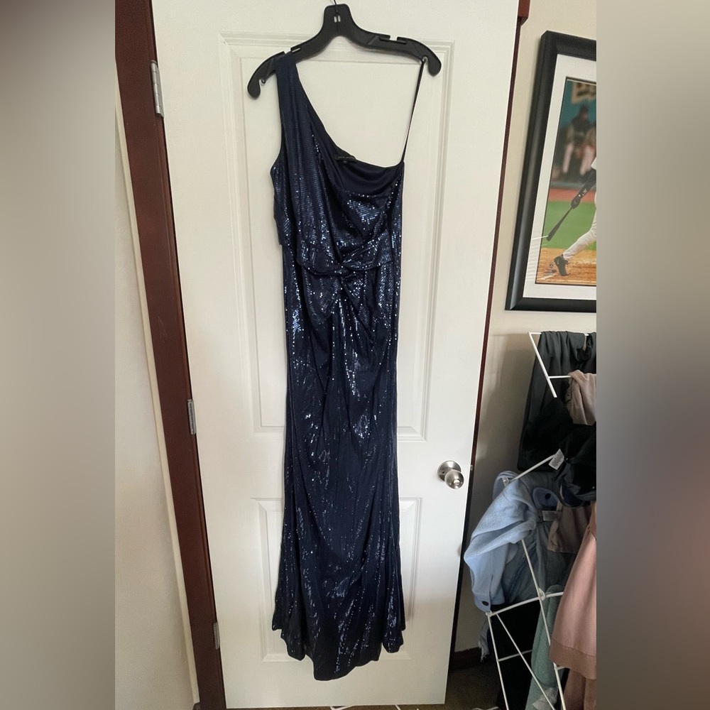 David Meister One Shoulder Sequim Navy Gown